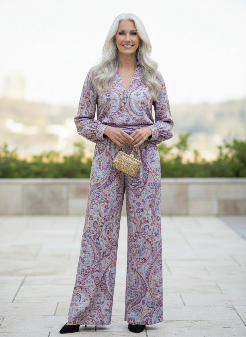 Completo due pezzi in fantasia paisley lilla con camicia e pantaloni a gamba larga